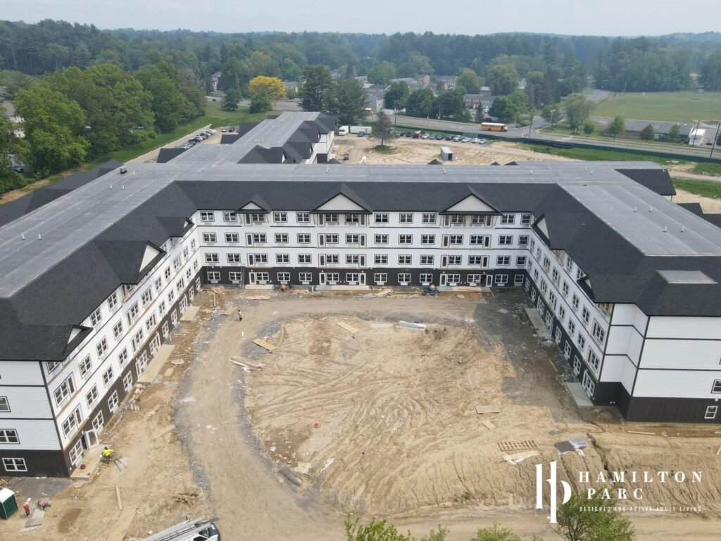 What will be a courtyard and Hamilton Parc Buildings in Guilderland located just outside of Albany New York, June 2023